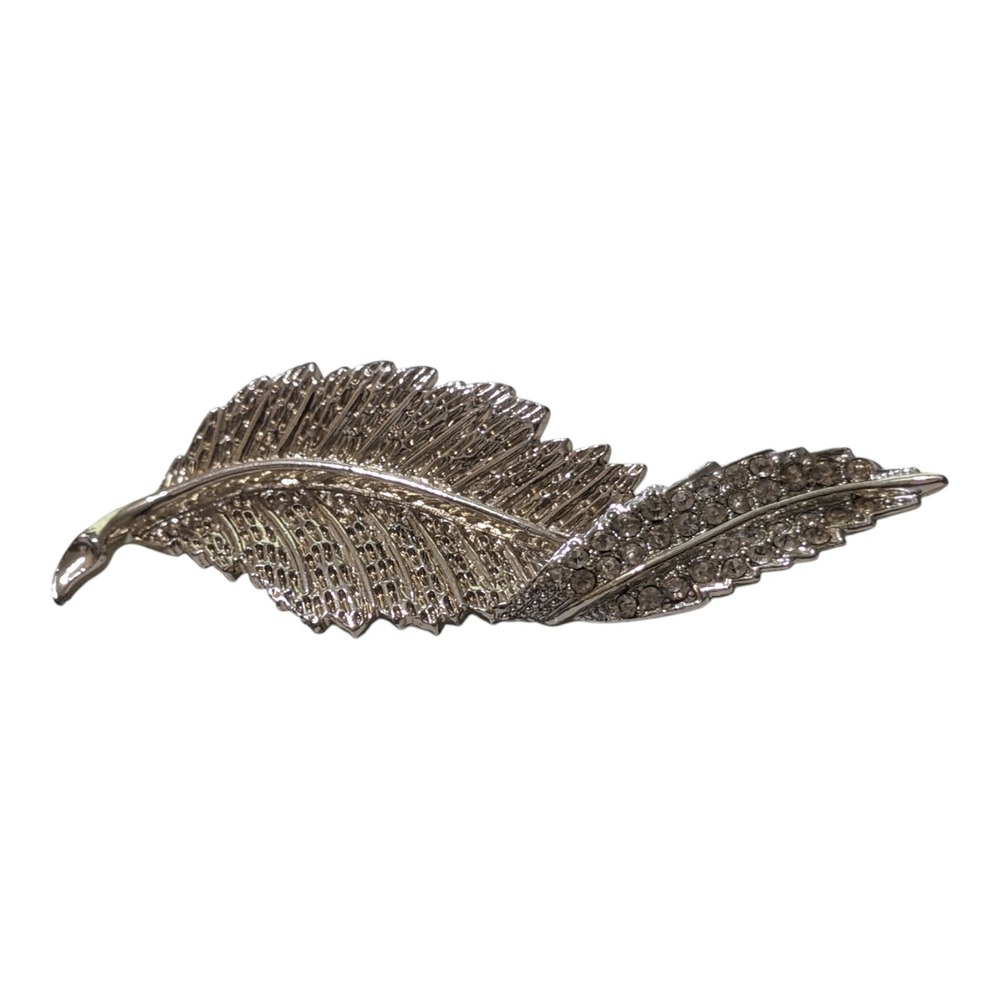 SarahCov Leaf Brooch Pin Rhinestone Silver Tone‎ Vintage Costume Jewelry